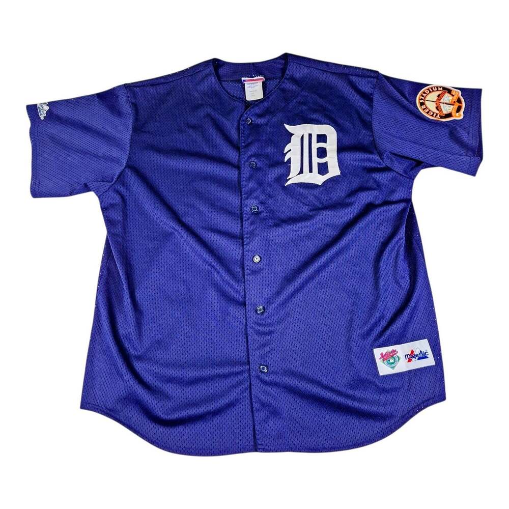 Vintage Majestic Detroit Tigers Baseball Jersey Mens 2XL Blue Tiger Stadium MLB